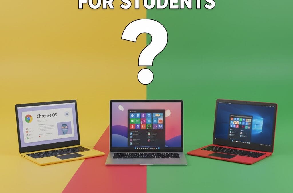 Best laptop or MacBook for students comparison showing Chromebook, MacBook, and Windows laptop on yellow, red, and green background