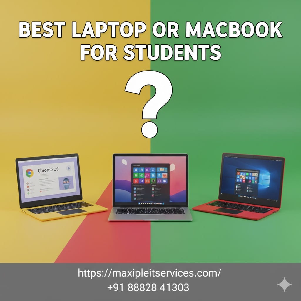 Best laptop or MacBook for students comparison showing Chromebook, MacBook, and Windows laptop on yellow, red, and green background