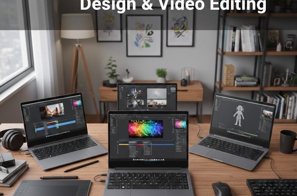 Best laptops for graphic design and video editing setup with multiple high-performance laptops displaying creative software on a modern workspace desk.