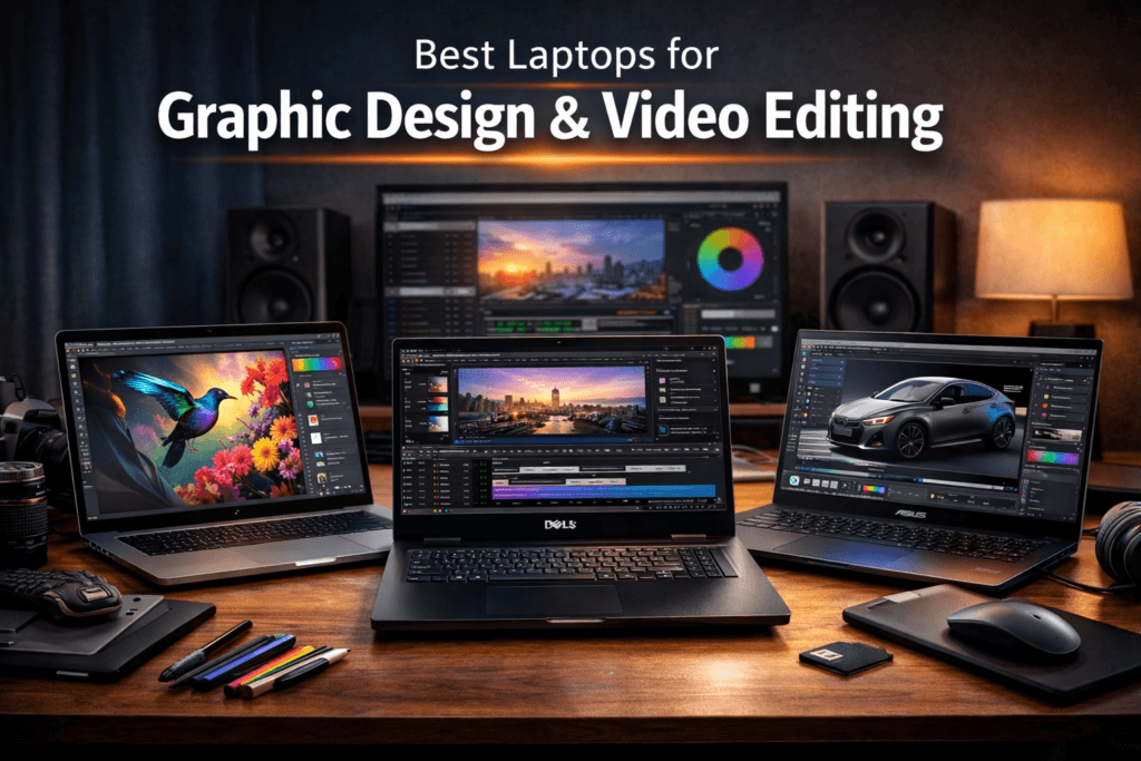 Best laptops for graphic design and video editing showing high-performance laptops with creative software on screen in a professional workspace setup