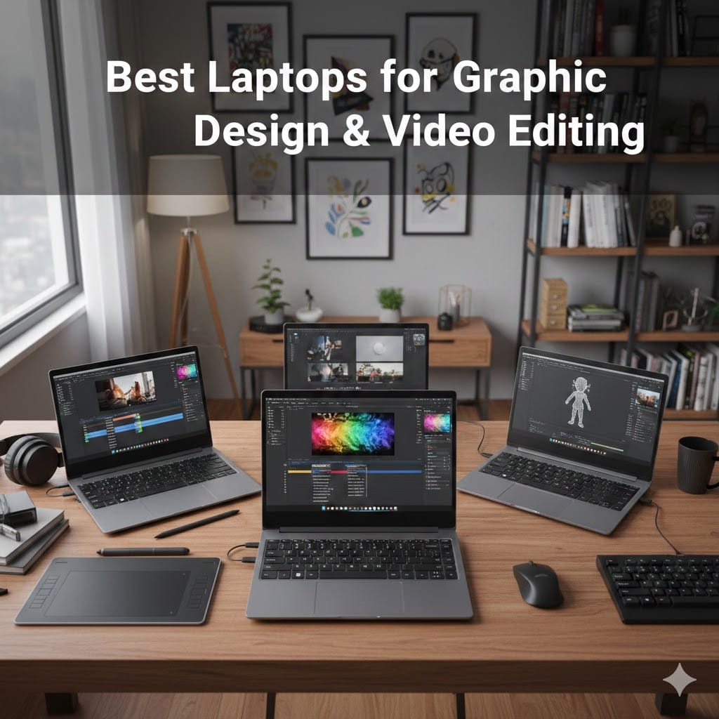 Best laptops for graphic design and video editing setup with multiple high-performance laptops displaying creative software on a modern workspace desk.