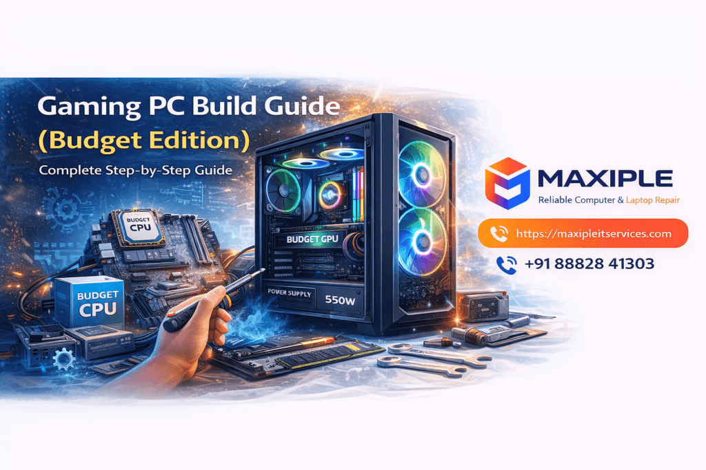 Budget gaming PC build illustration showing RGB desktop computer, GPU, CPU, and Maxiple IT Services website and phone number for professional computer repair and PC build support.