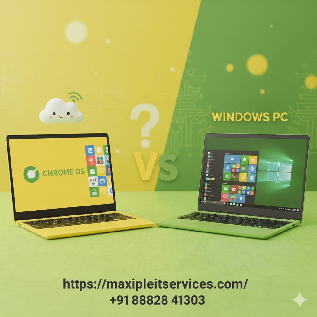 Chromebook vs Windows laptop comparison with yellow and green background showing features, performance, and usage differences