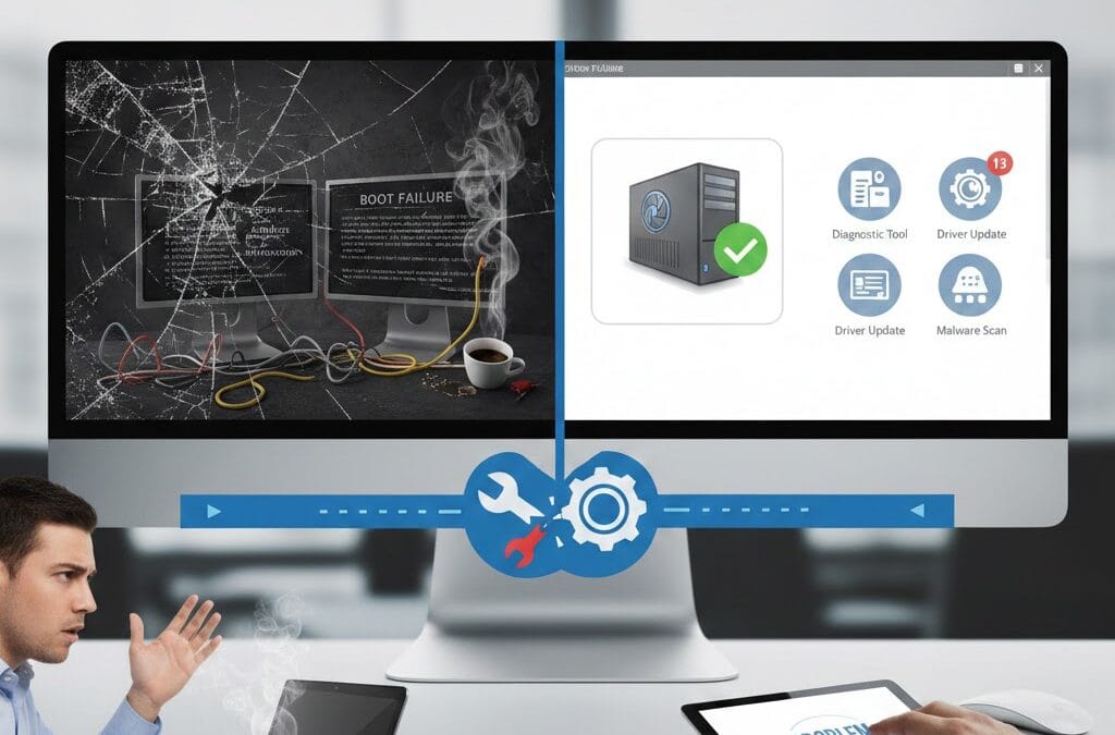 Common computer problems and their solutions showing broken screen boot failure and system diagnostic repair process