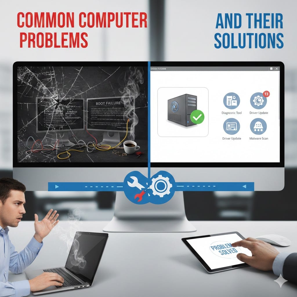 Common computer problems and their solutions showing broken screen boot failure and system diagnostic repair process