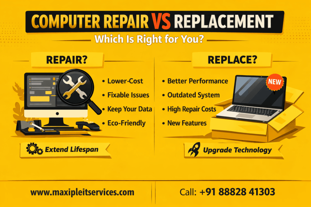 Computer Repair vs Replacement comparison infographic with yellow background showing cost, performance, and upgrade benefits