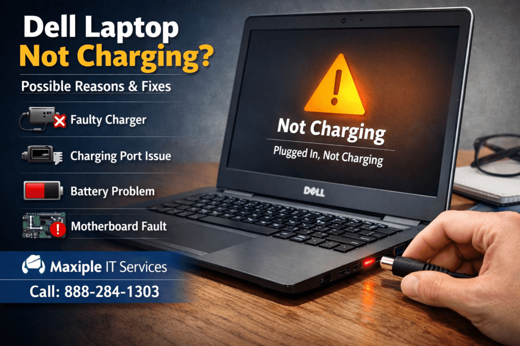Dell laptop showing not charging warning with charger connected and highlighting faulty charger, battery, charging port, and motherboard issues