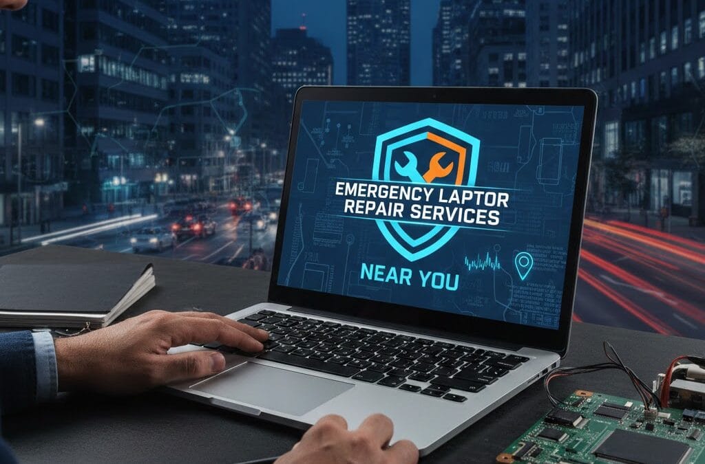 Emergency Laptop Repair Services near you displayed on laptop screen with technician repairing motherboard at night