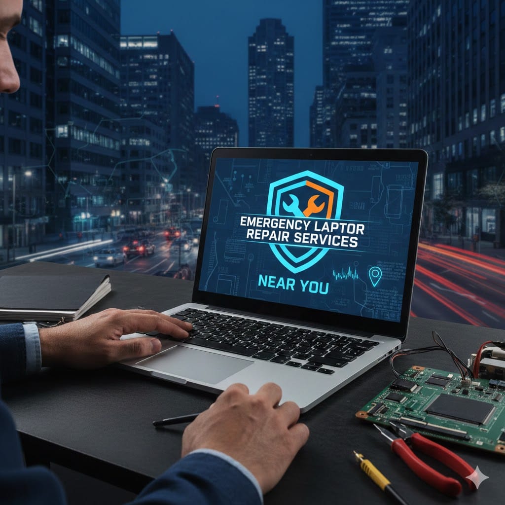 Emergency Laptop Repair Services near you displayed on laptop screen with technician repairing motherboard at night