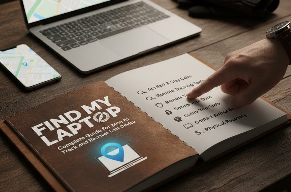 Man pointing to a checklist in a “Find My Laptop” guidebook beside an open laptop displaying a location map on a desk.