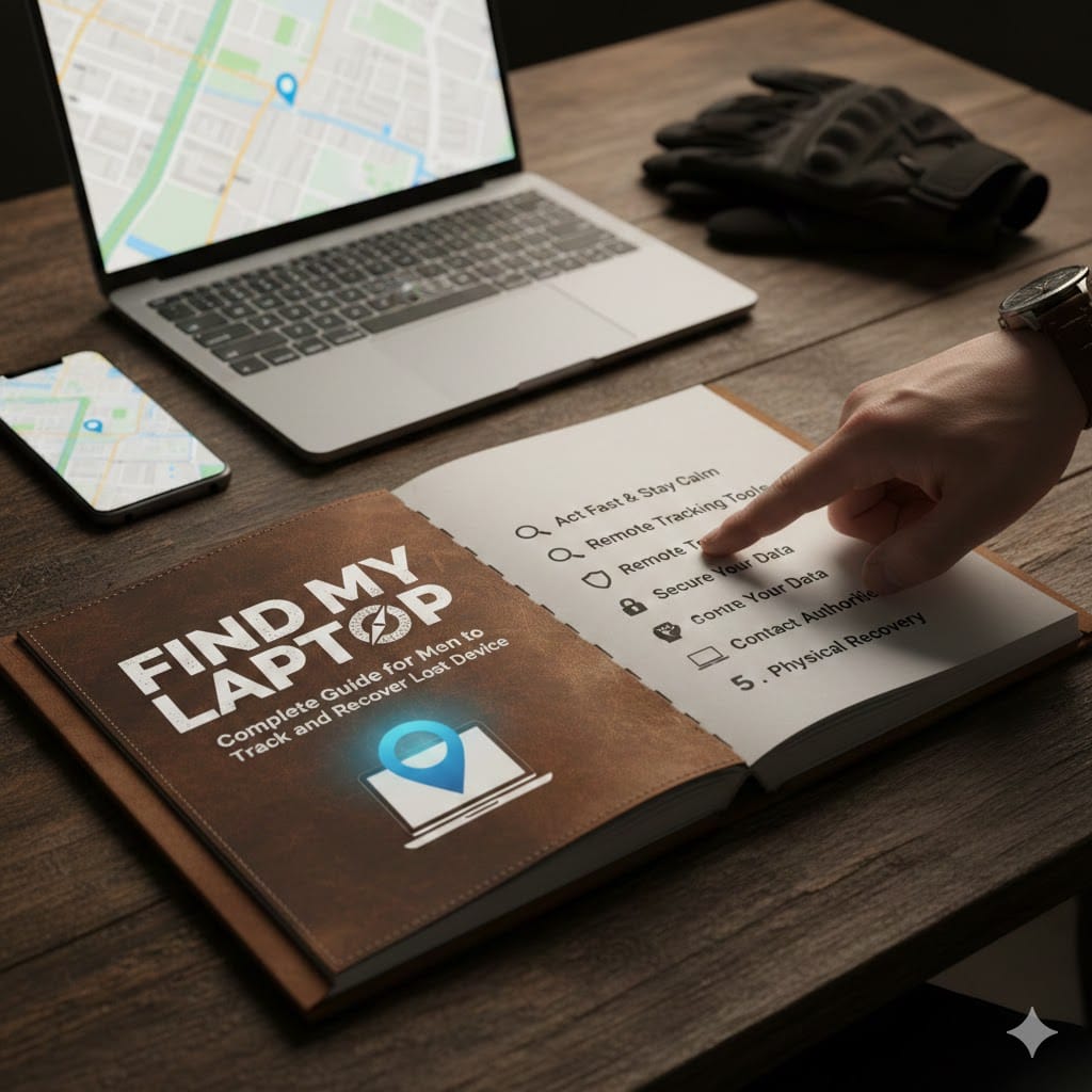 Man pointing to a checklist in a “Find My Laptop” guidebook beside an open laptop displaying a location map on a desk.