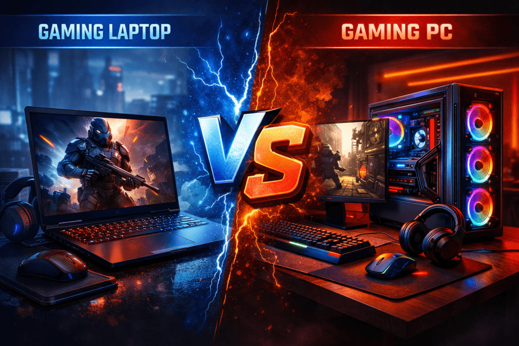Gaming laptop vs gaming PC comparison showing portable laptop and RGB desktop gaming setup with monitor and accessories