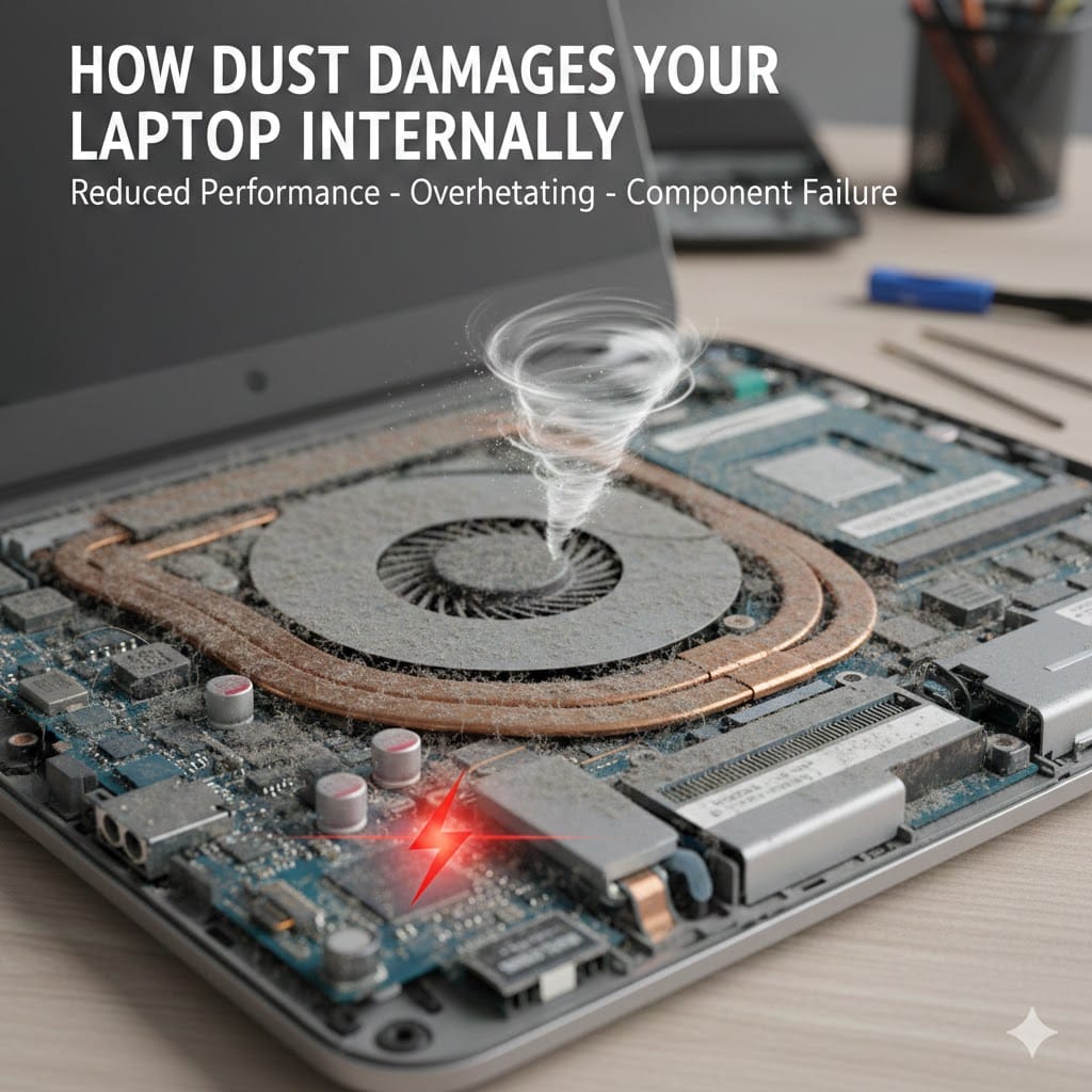 Laptop internal dust buildup causing overheating and hardware damage