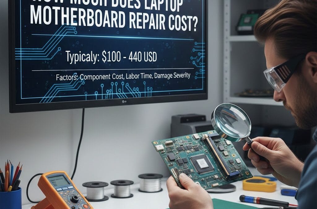Technician inspecting a laptop motherboard with a magnifying glass at a repair workstation, with a screen displaying “How Much Does Laptop Motherboard Repair Cost? Typically $100–440 USD.”