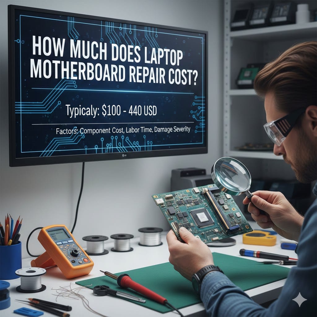 Technician inspecting a laptop motherboard with a magnifying glass at a repair workstation, with a screen displaying “How Much Does Laptop Motherboard Repair Cost? Typically $100–440 USD.”