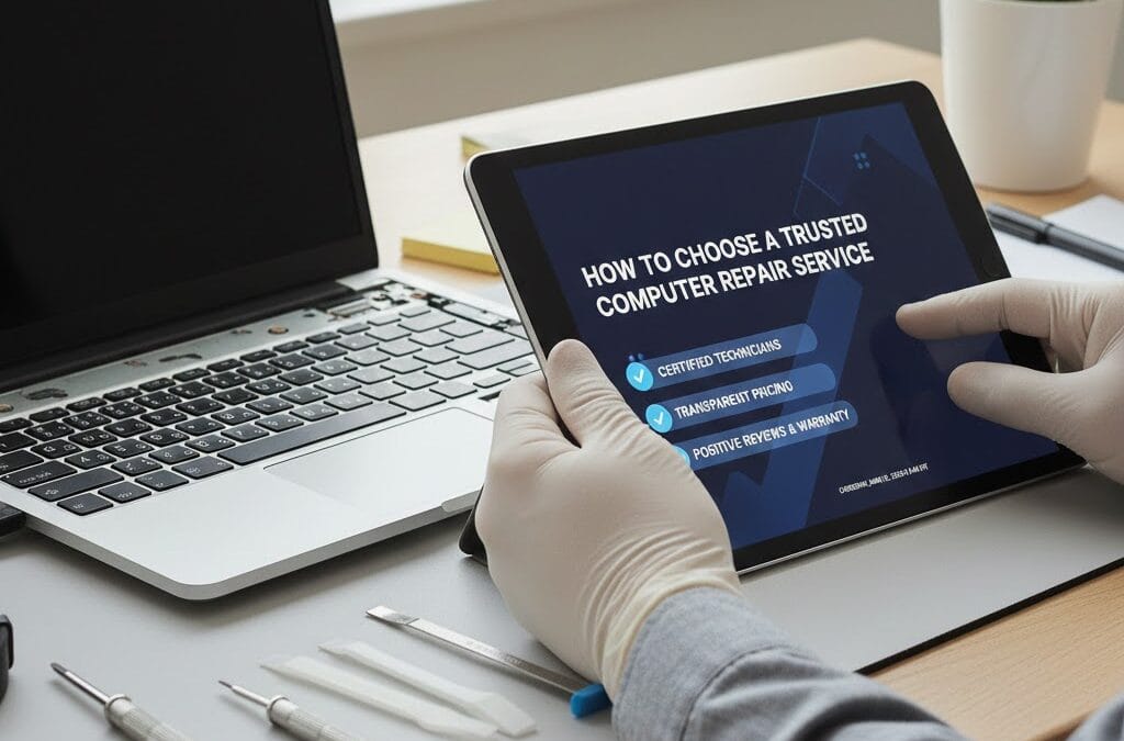 A close-up view of a How to Choose a Trusted Computer Repair Service person wearing white gloves carefully installing a RAM module and an M.2 SSD into an open laptop on a repair mat with tools.
