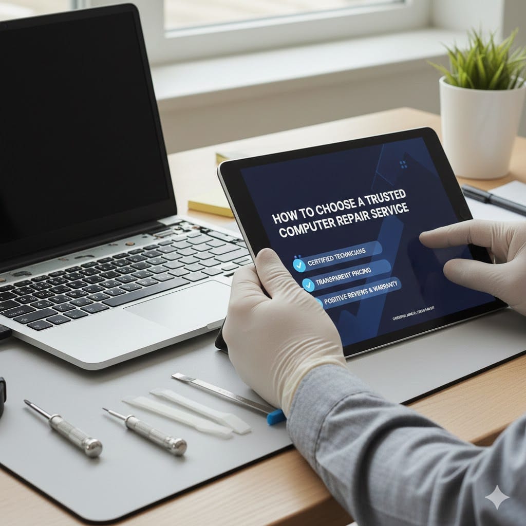 A close-up view of a How to Choose a Trusted Computer Repair Service person wearing white gloves carefully installing a RAM module and an M.2 SSD into an open laptop on a repair mat with tools.