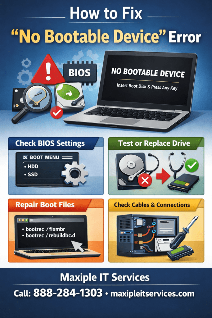 How to fix No Bootable Device error showing BIOS settings, hard drive check, boot file repair, and cable connections on a laptop