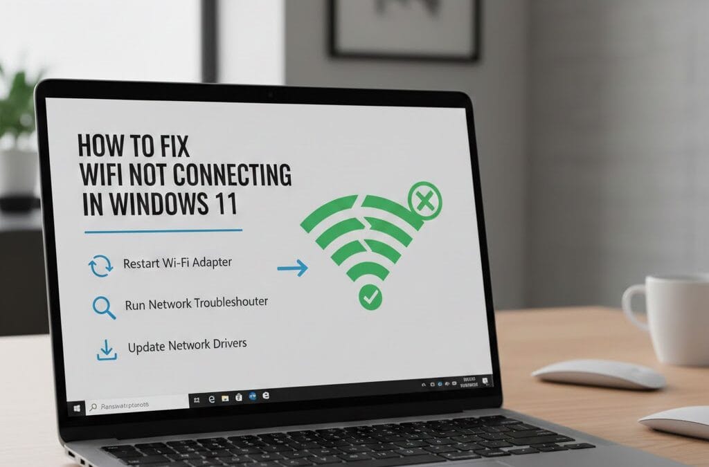 Laptop displaying guide on fixing WiFi not connecting in Windows 11 with troubleshooting steps on screen.