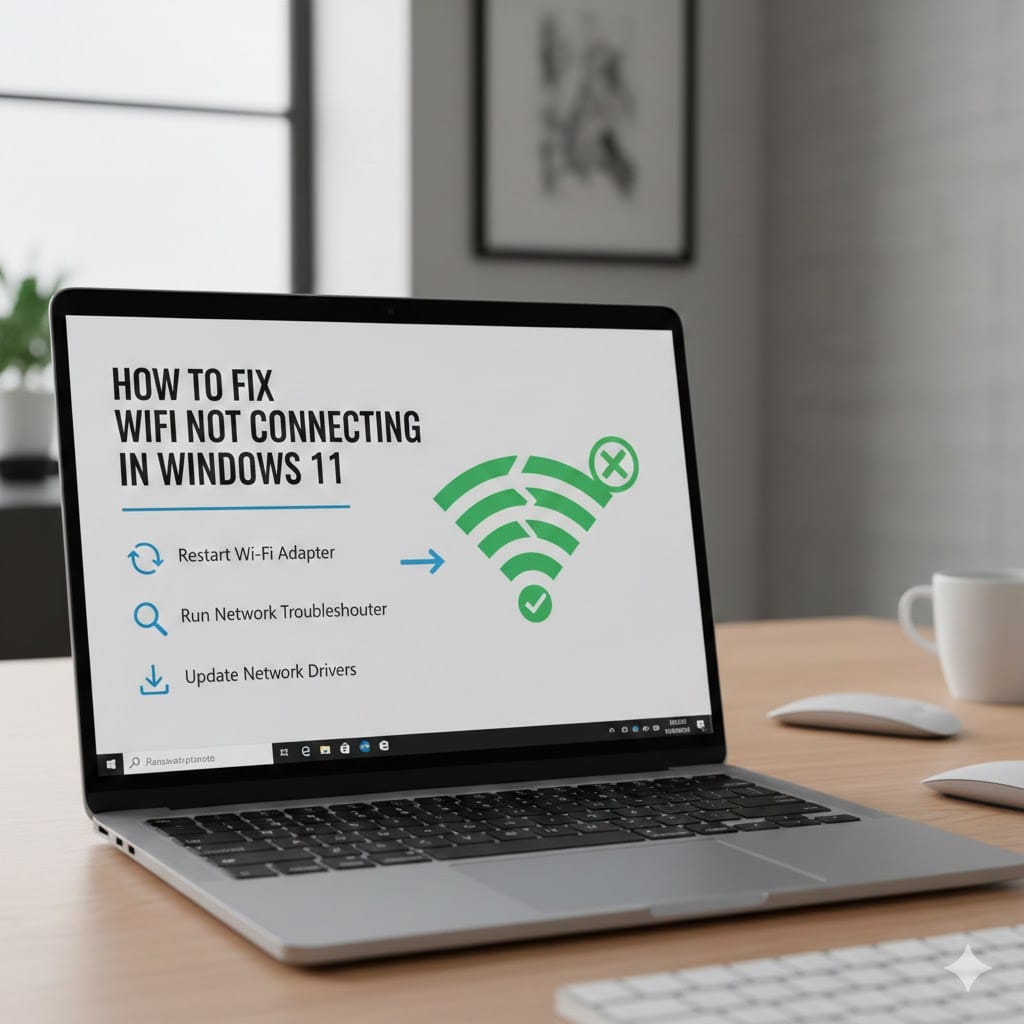 Laptop displaying guide on fixing WiFi not connecting in Windows 11 with troubleshooting steps on screen.