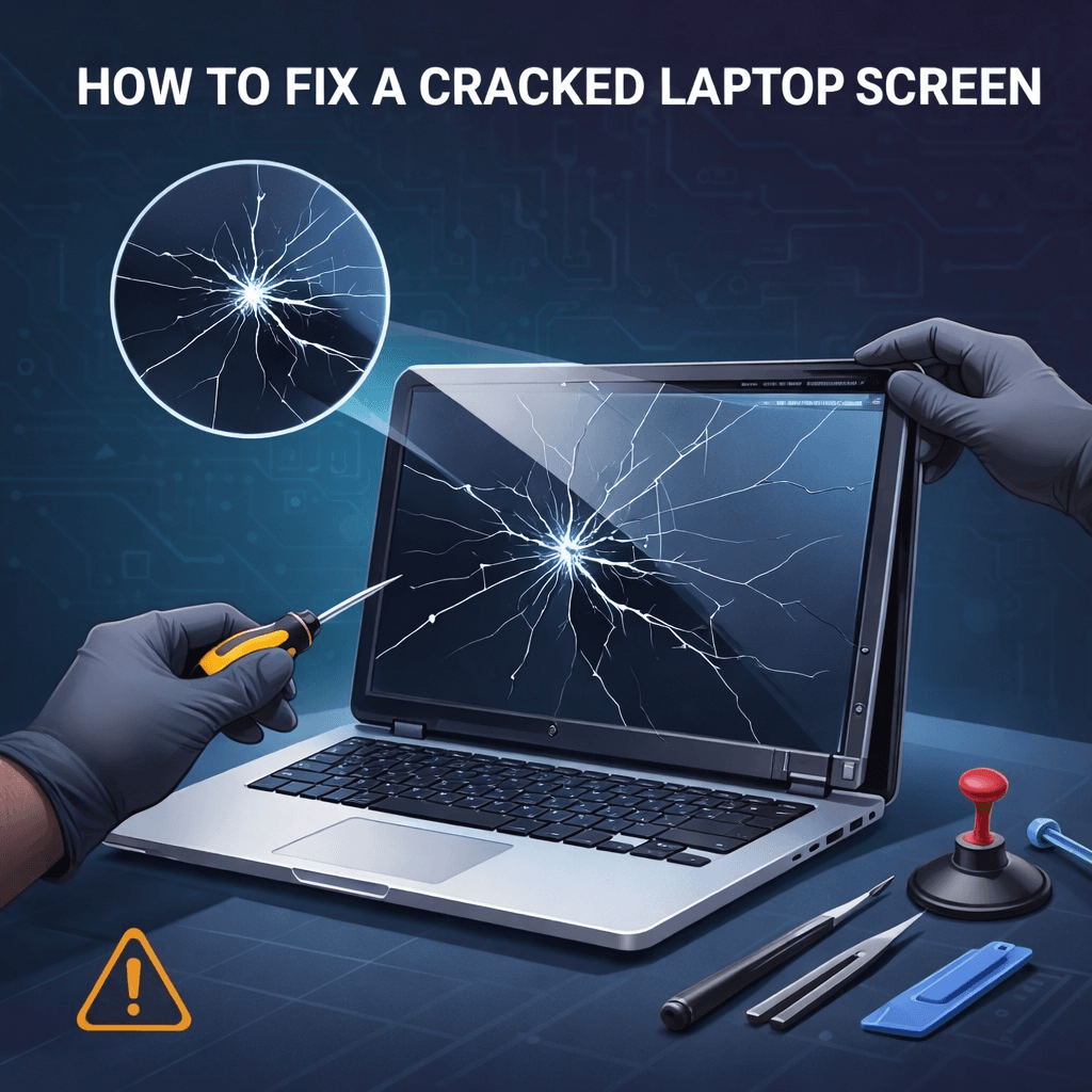 Cracked laptop screen repair process showing technician replacing damaged laptop display with professional tools