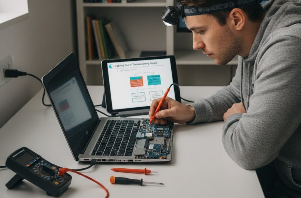 Fix laptop won’t turn on technician repairing motherboard on open laptop