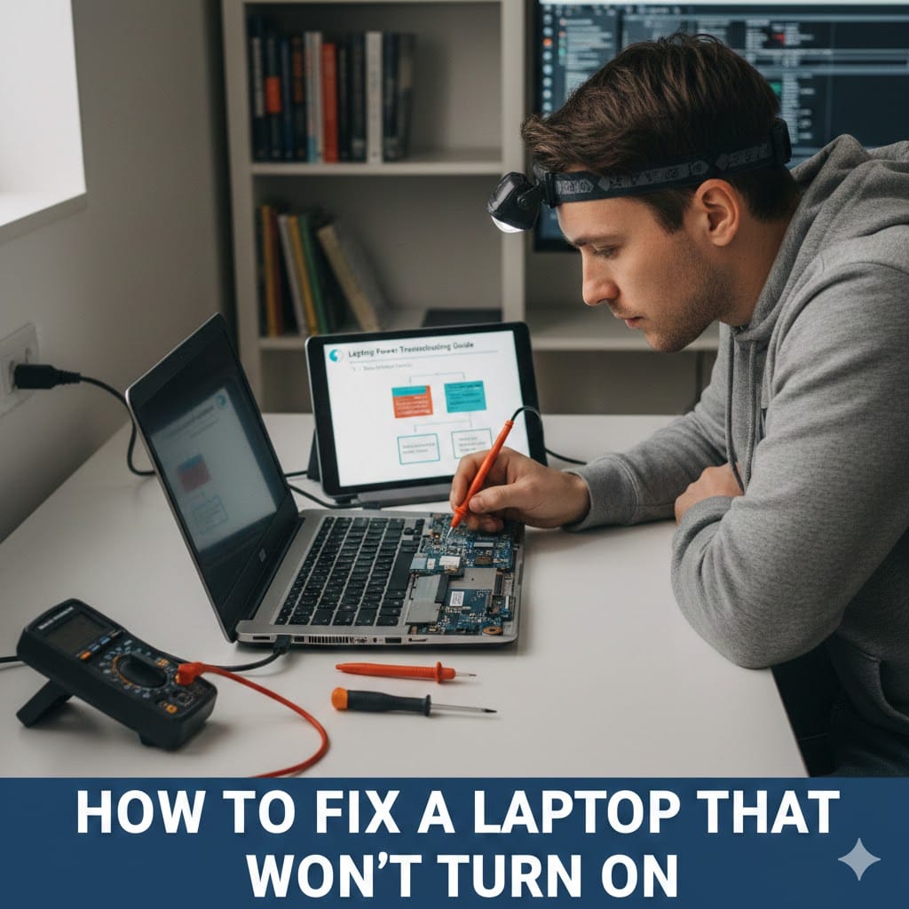 Fix laptop won’t turn on technician repairing motherboard on open laptop