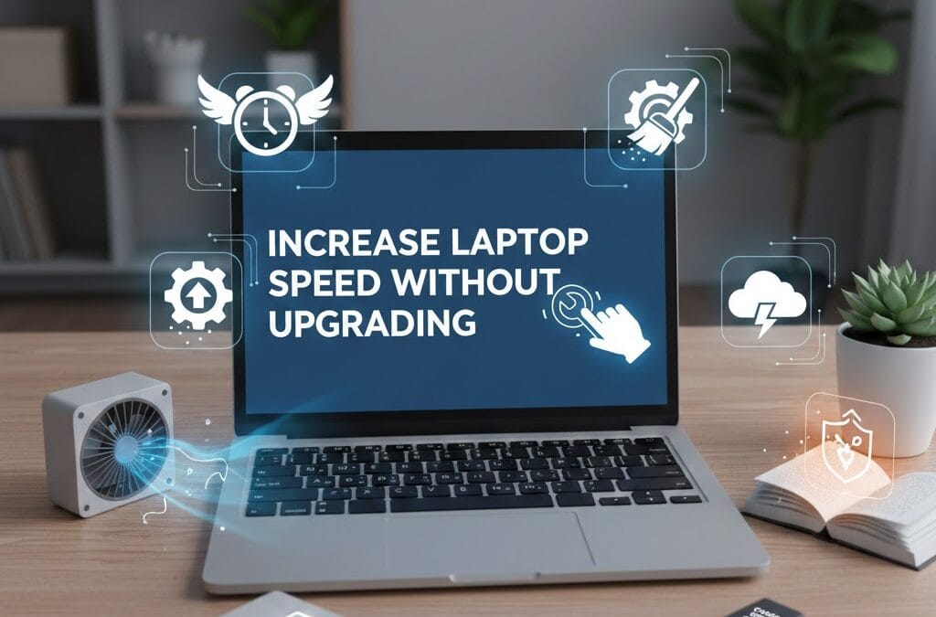 I Increase Laptop Speed ncrease laptop speed without upgrading concept showing laptop with optimization icons, cooling fan, USB drive, and performance symbols.