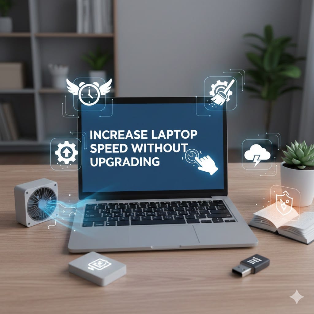 I Increase Laptop Speed ncrease laptop speed without upgrading concept showing laptop with optimization icons, cooling fan, USB drive, and performance symbols.