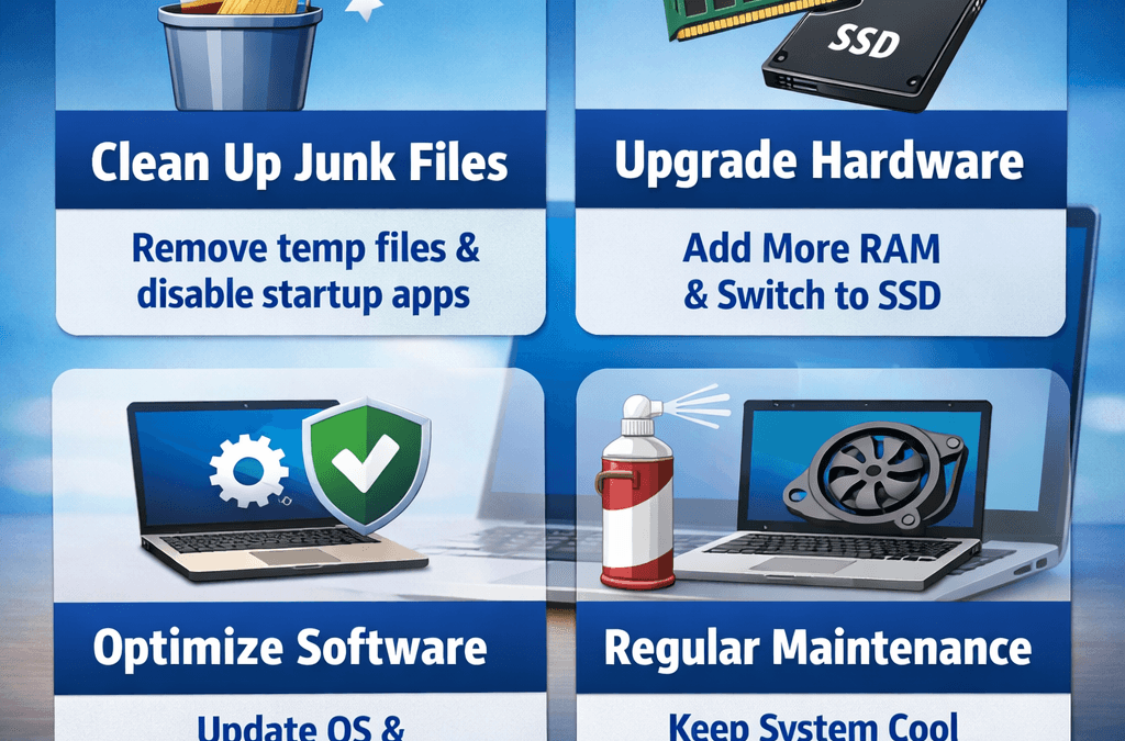 How to increase the speed of your laptop infographic showing cleanup, RAM upgrade, SSD installation, software optimization, and regular maintenance tips by Maxiple IT Services