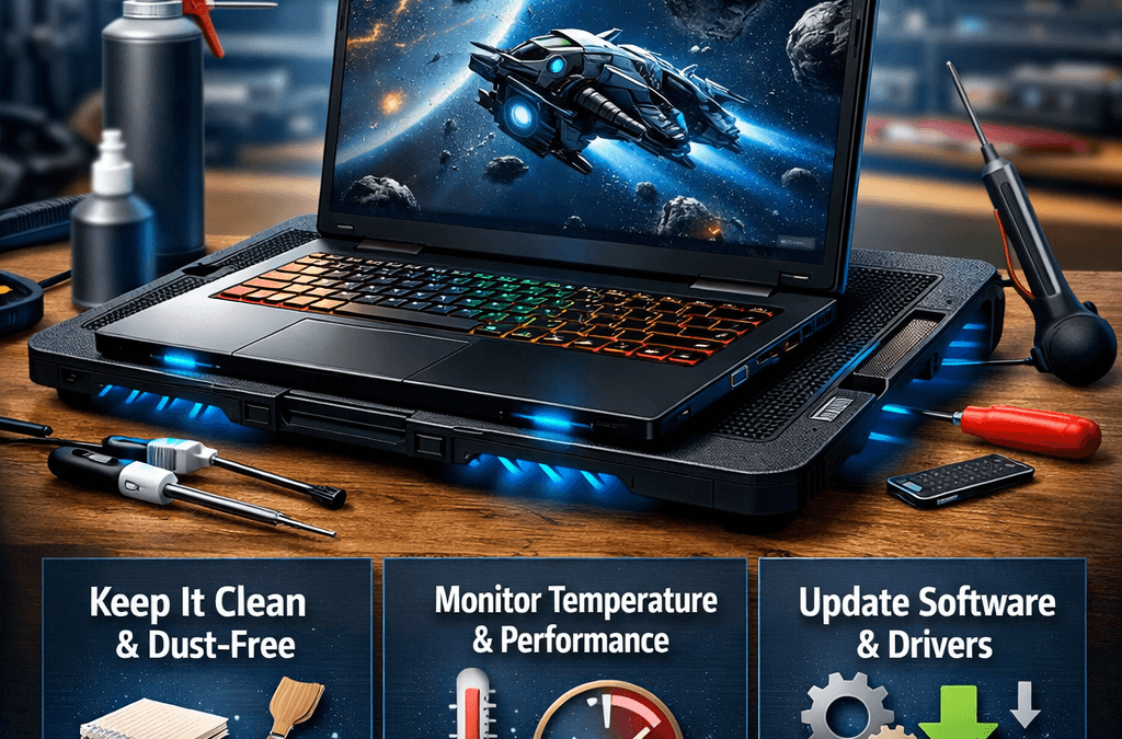 How to Maintain Your Gaming Laptop for Long Life – gaming laptop maintenance tips infographic with cooling pad, cleaning tools, and upgrade components