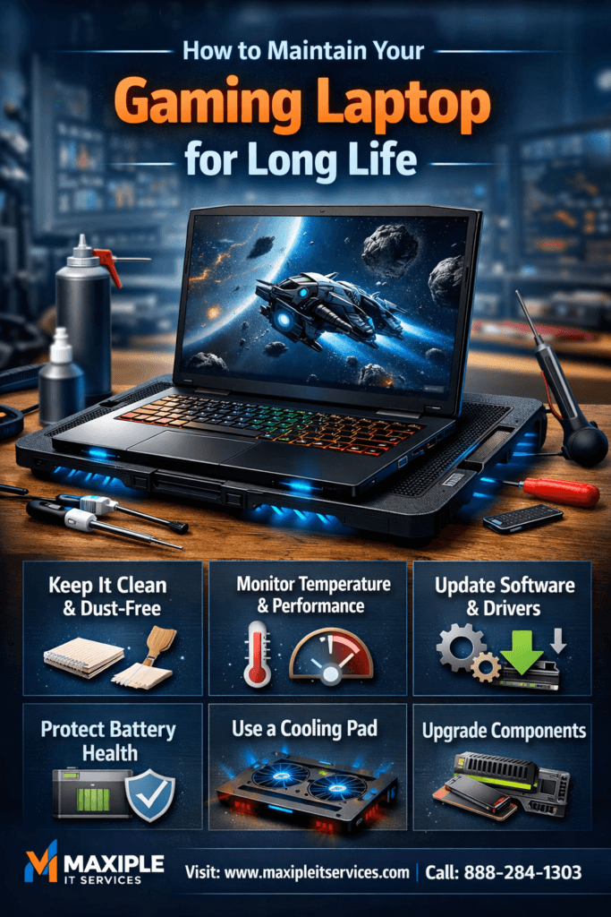 How to Maintain Your Gaming Laptop for Long Life – gaming laptop maintenance tips infographic with cooling pad, cleaning tools, and upgrade components