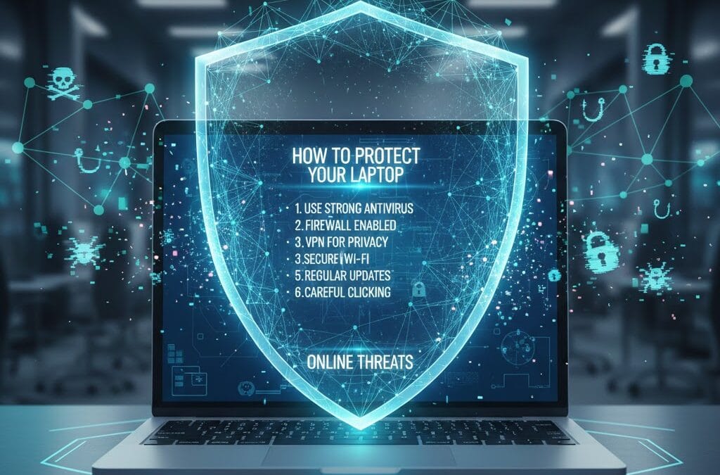 Laptop displayed with a glowing digital shield overlay and cybersecurity icons, illustrating protection against online threats such as hacking, malware, and data breaches.