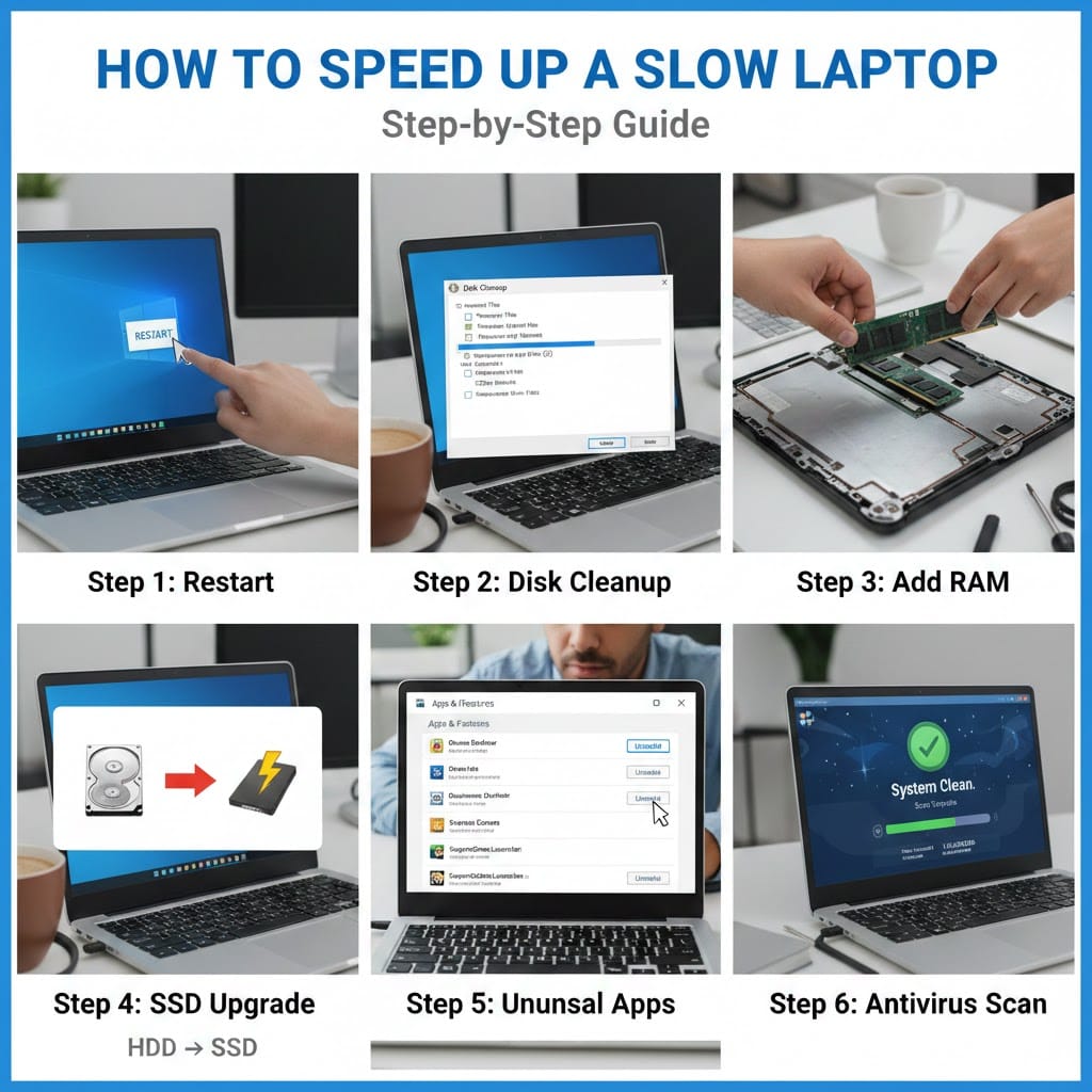 How to speed up a slow laptop step-by-step guide showing restart, disk cleanup, RAM upgrade, SSD upgrade, uninstall apps, and antivirus scan