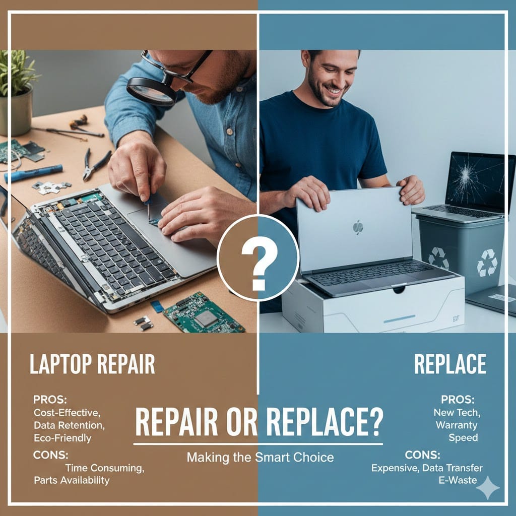 “Laptop repair versus replacement comparison showing a technician fixing a laptop on one side and a user unboxing a new laptop for replacement on the other.”