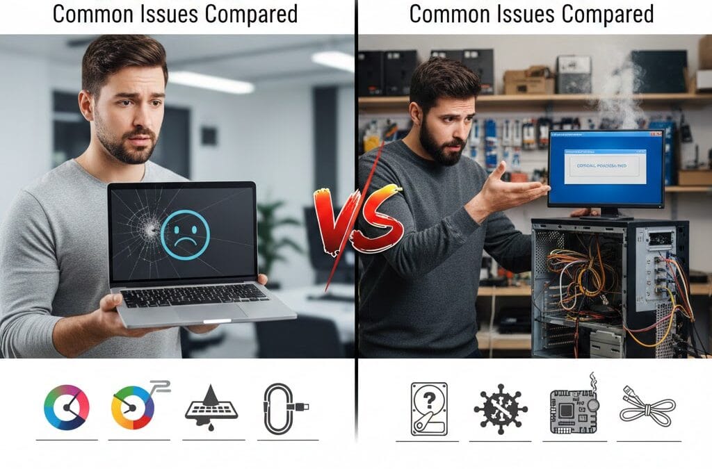 Mac vs Windows repair comparison showing common hardware and software issues on MacBook and Windows PC systems