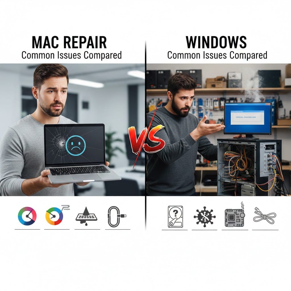Mac vs Windows repair comparison showing common hardware and software issues on MacBook and Windows PC systems