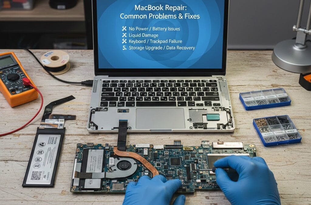 Technician performing MacBook repair service by fixing motherboard and internal components on a workbench with tools and battery removed.