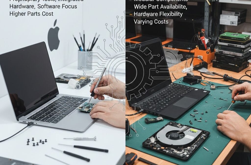MacBook repair vs Windows laptop repair comparison showing technician fixing MacBook with proprietary tools and Windows laptop with modular components on workbench