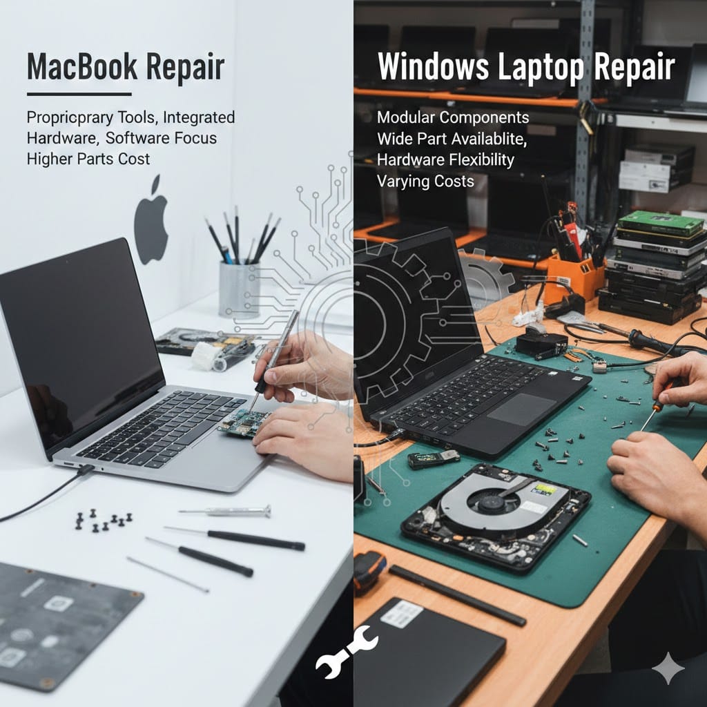 MacBook repair vs Windows laptop repair comparison showing technician fixing MacBook with proprietary tools and Windows laptop with modular components on workbench
