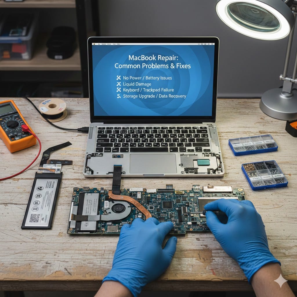 Technician performing MacBook repair service by fixing motherboard and internal components on a workbench with tools and battery removed.