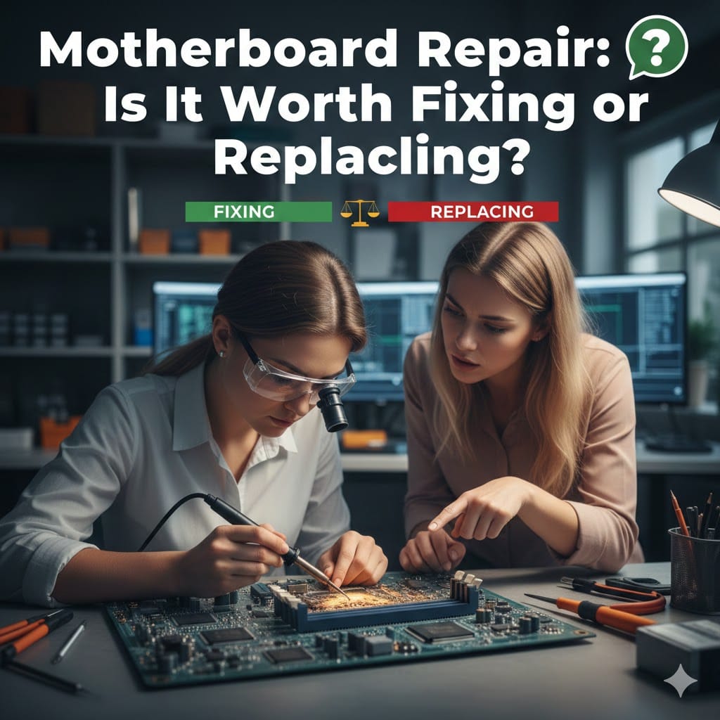 Motherboard repair vs replacement decision showing technicians fixing a computer motherboard