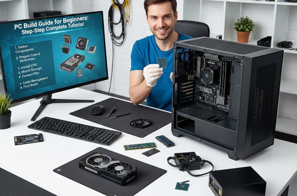 PC build guide for beginners showing step-by-step computer assembly with CPU, motherboard, RAM, graphics card, and power supply on a work desk