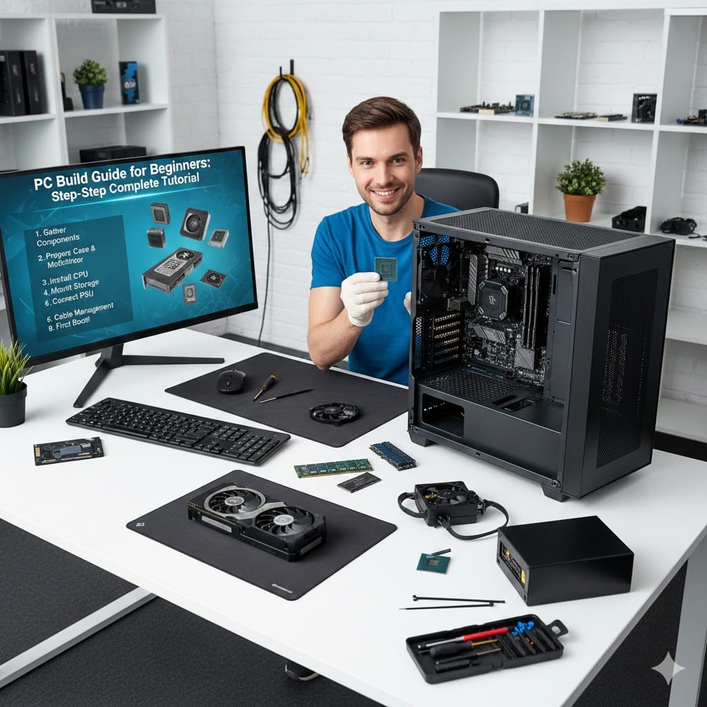 PC build guide for beginners showing step-by-step computer assembly with CPU, motherboard, RAM, graphics card, and power supply on a work desk