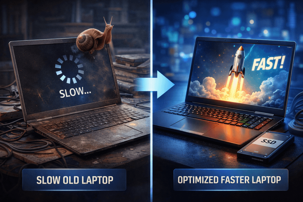 Speed up old laptop comparison showing slow dusty laptop and faster optimized laptop with SSD upgrade and improved performance