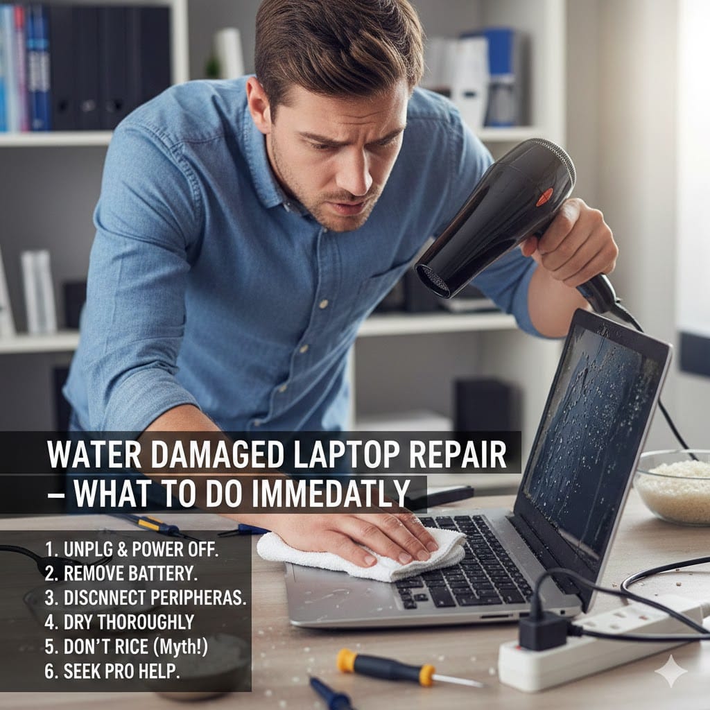 Water damaged laptop repair process showing a technician drying a wet laptop with a cloth and hair dryer after liquid spill