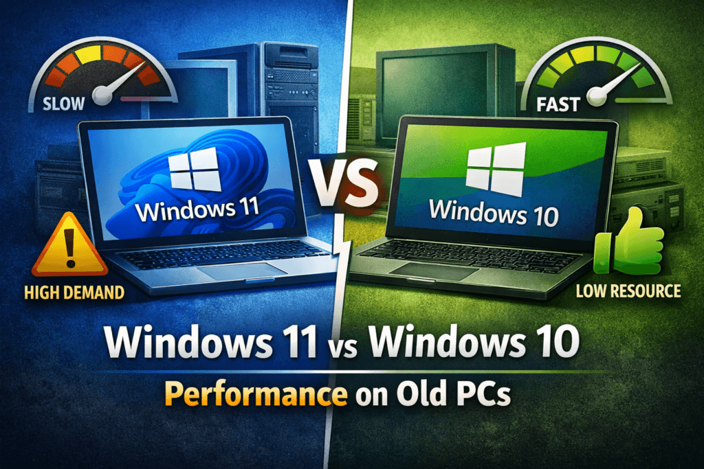 Windows 11 vs Windows 10 performance comparison on old PCs showing slow speed and high resource usage for Windows 11 and faster performance for Windows 10