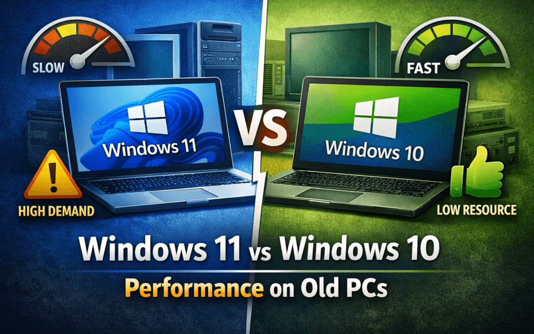 Windows 11 vs Windows 10 performance comparison on old PCs showing slow speed and high resource usage for Windows 11 and faster performance for Windows 10