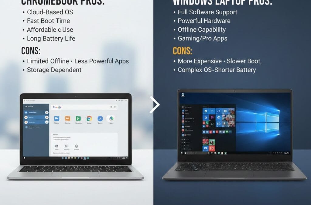 A side-by-side comparison infographic of a Chromebook and a Windows laptop, listing the pros and cons of each device's operating system and hardware.