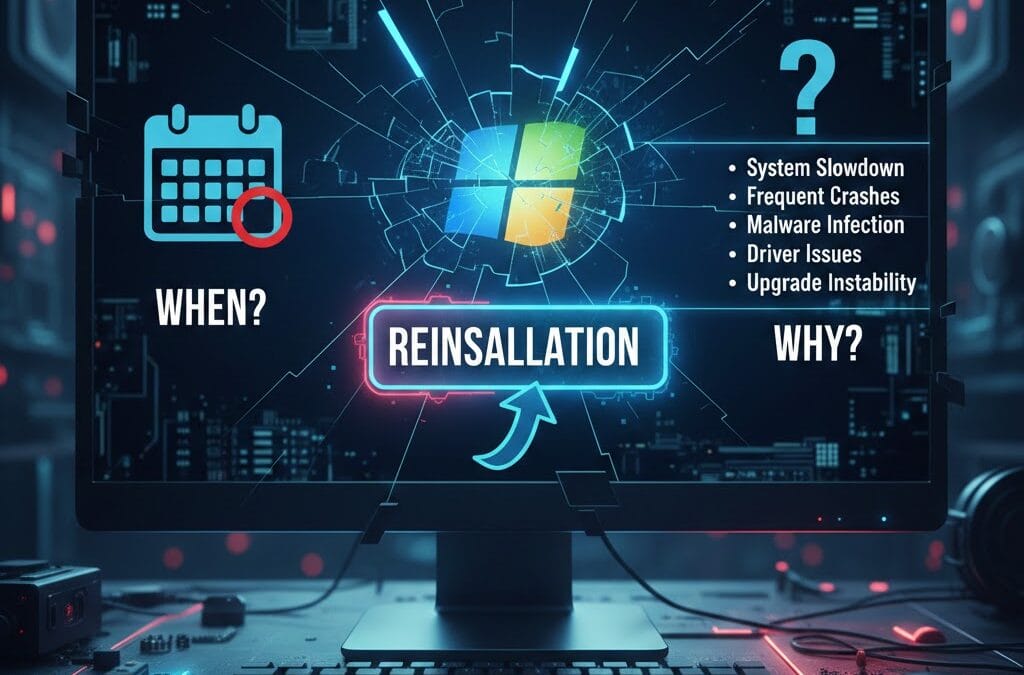 Windows reinstallation service concept showing system errors, malware infection, crashes, and performance issues on computer screen